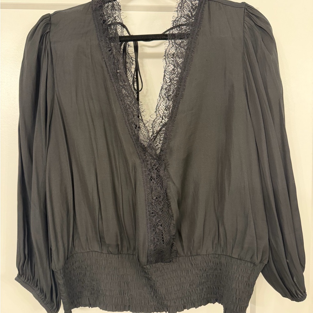 Dolan Black Satin and Lace V-Neck Blouse